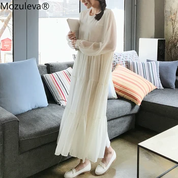 

BornSra Elegant Loose White Chiffon Women Dress Korean O-neck Midi Vestidos 2020 Spring Full Sleeve Pleated Female Dress femme