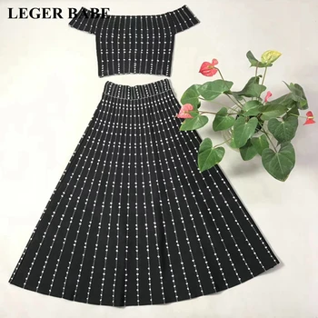 

LEGER BABE New Autumn Bohemia Black Off the Shoulder 2 Pieces Set Rayon Bandage Dress Women Vestidos High Quality