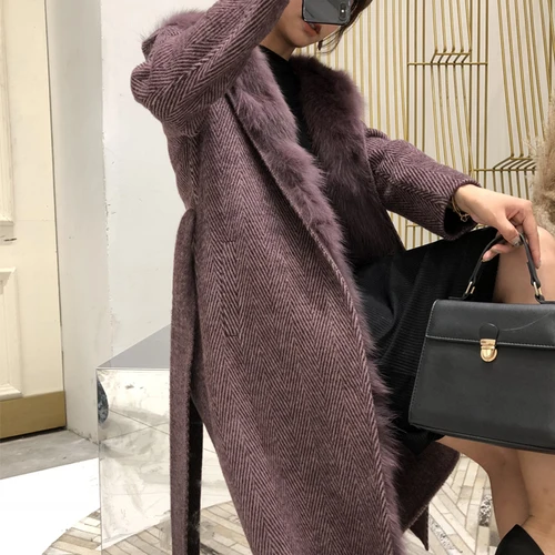 purple Tcyeek натуральный мех пальто с капюшоном зимняя куртка для женщин одежда корейский Толстый теплый Лисий Мех теплая парка женское длинное пальто пояс 178 - Цвет: purple