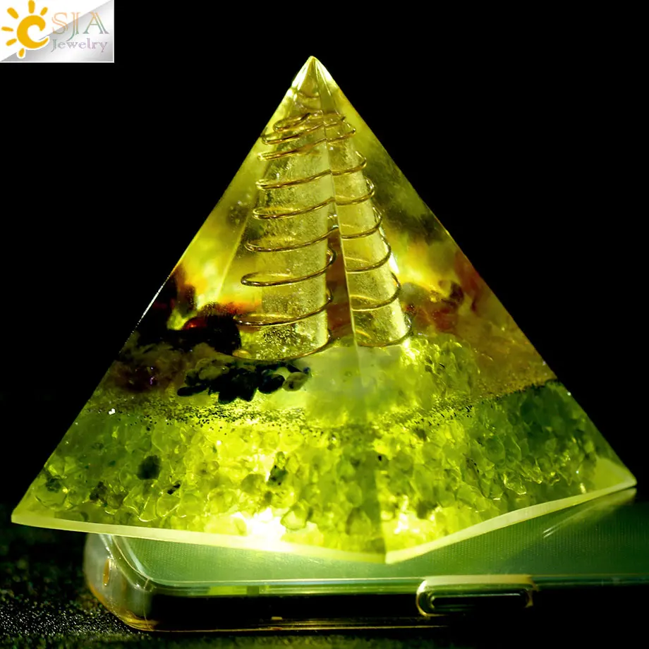 Csja 49x49 мм Orgone Пирамида Orgonite конвертер энергии природный гравий Chakra Смола металлическая спираль заживление удача украшение дома G258