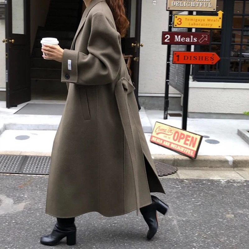 Зимнее свободное кашемировое пальто женское длинное шерстяное пальто большого размера