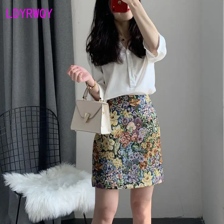 Color female 2021 autumn and winter new retro fashion jacquard plus size high waist commuter bag hip skirt denim back belt dress large women s new autumn and winter clothes commuter retro blue versatile tie waist loosecasual slip dress