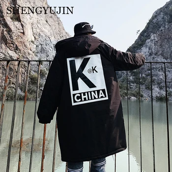 

M~5XL! Winter country tide ins wind personality letter printing men's long section hooded cotton coat Li with the same paragraph