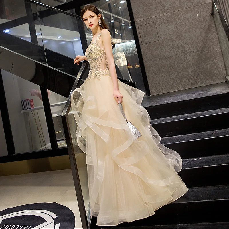 SSYFashion, новинка, Роскошные платья высокого класса с v-образным вырезом, без рукавов, с бисером, Длинные вечерние платья, платья для особых случаев, Vestido De Noche