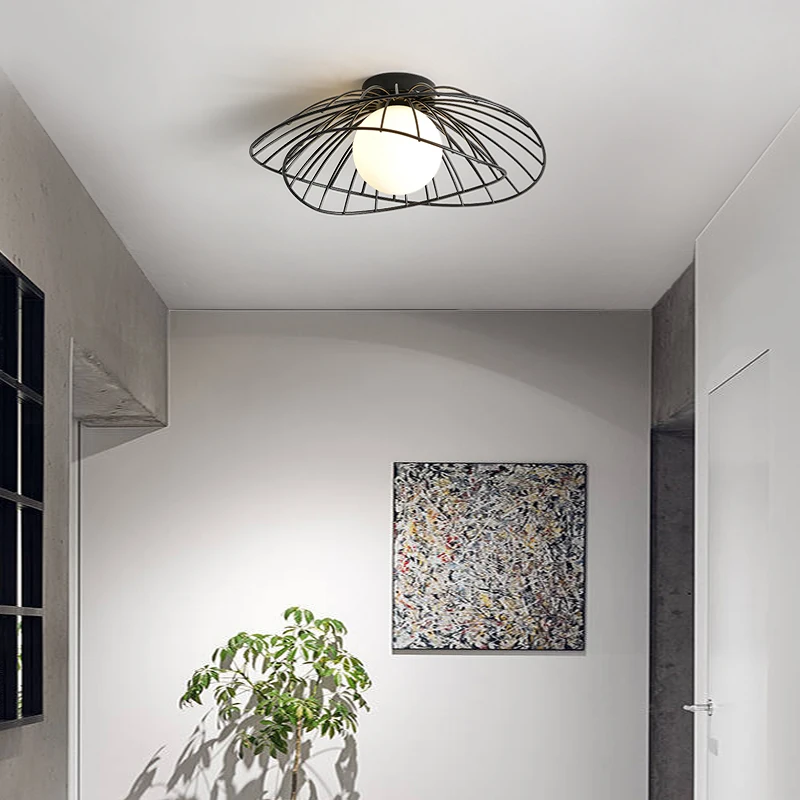 LED Ceiling Light Nordic Creative Straw Hat Glass Ball Ceiling Lamp Cloakroom Balcony Aisle Corridor Panel Lamps Black Or Gold