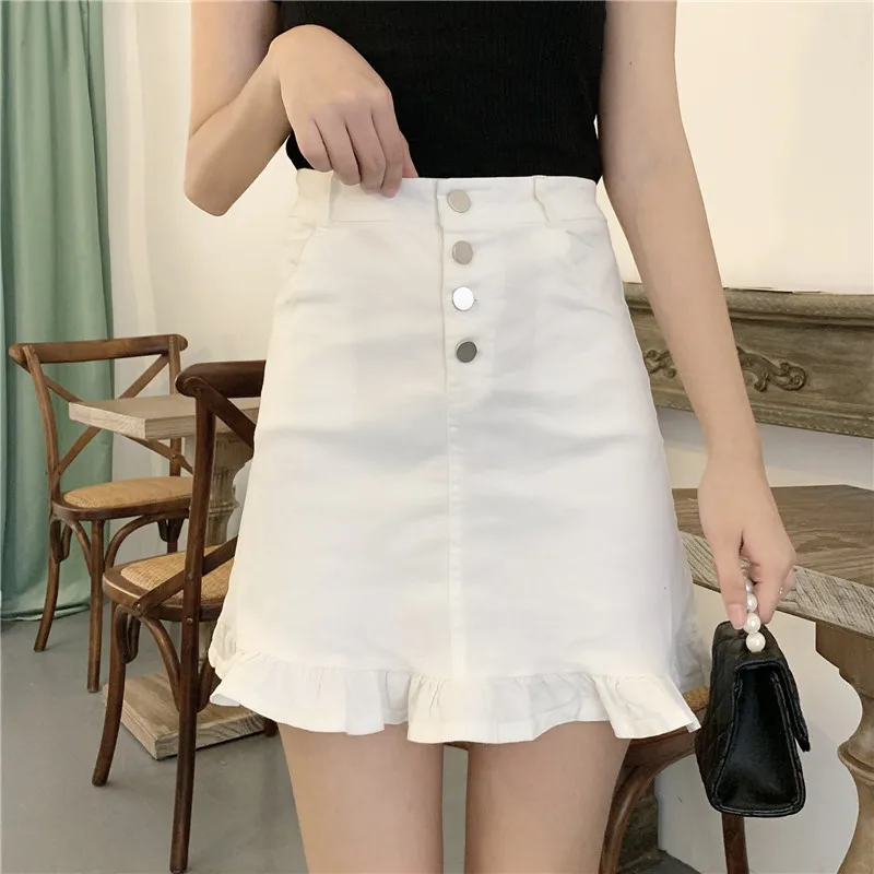 

Photo Shoot 2019 New Style Washed Cotton Denim-like Fabric Slimming Black Fungus Border Exposure Skirt