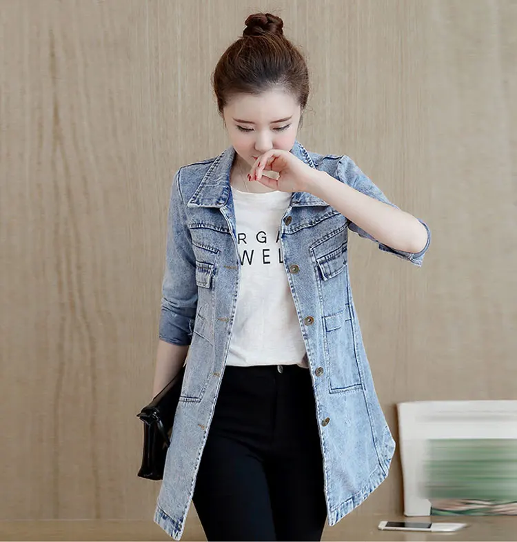 2019 Весенняя Корейская Повседневная Стильная джинсовая куртка, женское приталенное длинное базовое пальто, женское однотонное потертое