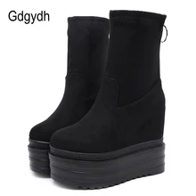 Gdgydh/Высококачественная Женская Осенняя обувь; замшевые ботильоны на танкетке с эластичной платформой; повседневная обувь на молнии в стиле панк черного цвета