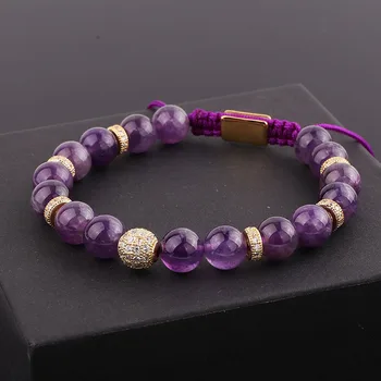 High Quality Natural Stone CZ Pave Charm Amethyst Rose Quartz Blue Jade Aventurine Stones Beads Custom Macrame Bracelet Women