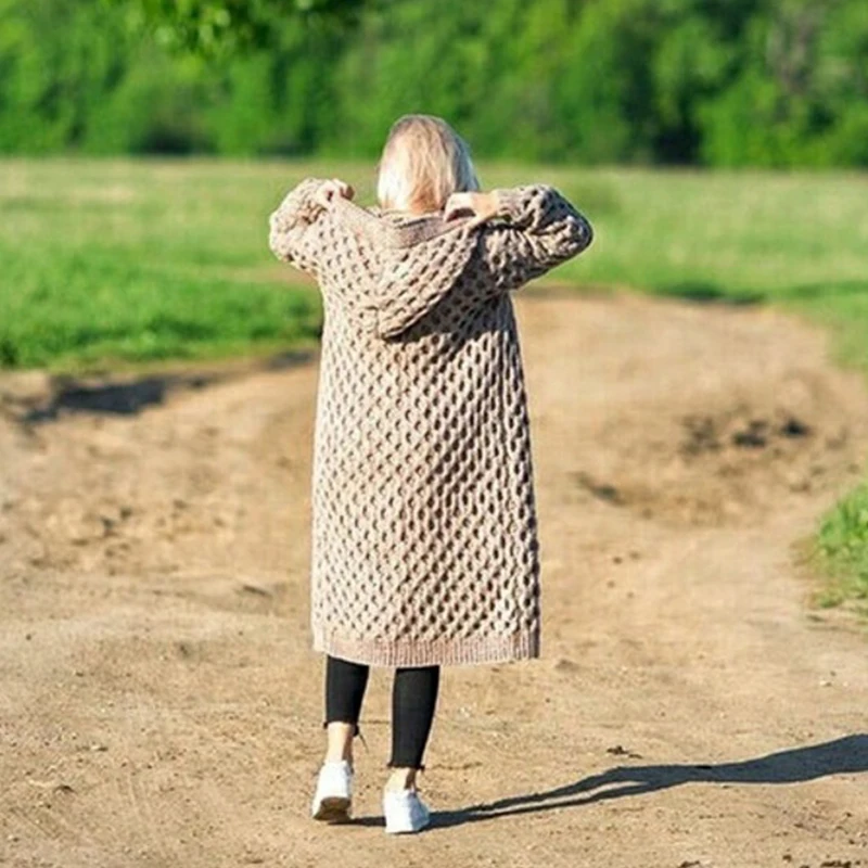 Новое поступление, Модный женский толстый вязаный свитер с капюшоном, кардиган, пальто, длинный рукав, зимняя теплая Длинная накидка с капюшоном