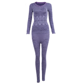 

Women Round Neck Thermal Set Winter Tops&Pants Long Johns Pajama Sets Purple