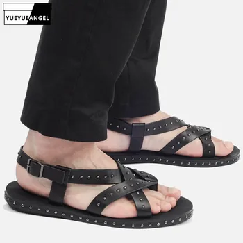 

Rome Style Men Sandals 2019 New Adult Summer Real Leather Gladiator Sandals Shoes Fashion Rivet Beach Sandals Flip Flops Slides