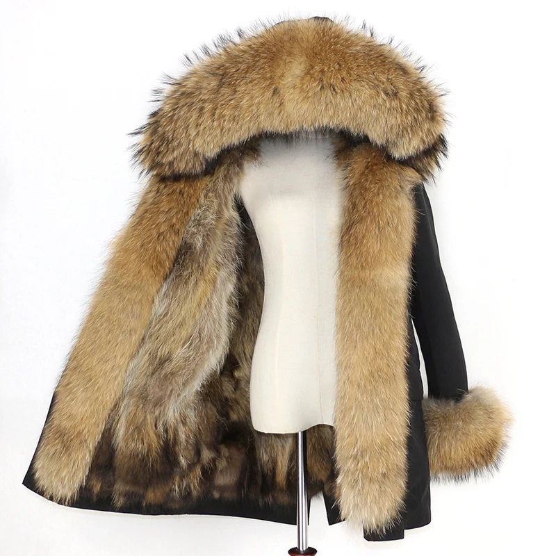 OFTBUY, водонепроницаемое пальто с натуральным мехом, длинная парка, зимняя куртка для женщин, натуральный мех енота, воротник, капюшон, подкладка из лисьего меха, теплая уличная одежда - Цвет: black natural