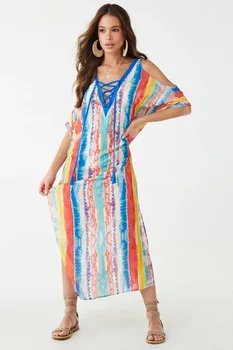 

2019 Women Summer Beach Dress Bikini Cover-ups Swim Wear Cover Up Cotton Tunic Sexy Deep V-Neck Robe Caftan