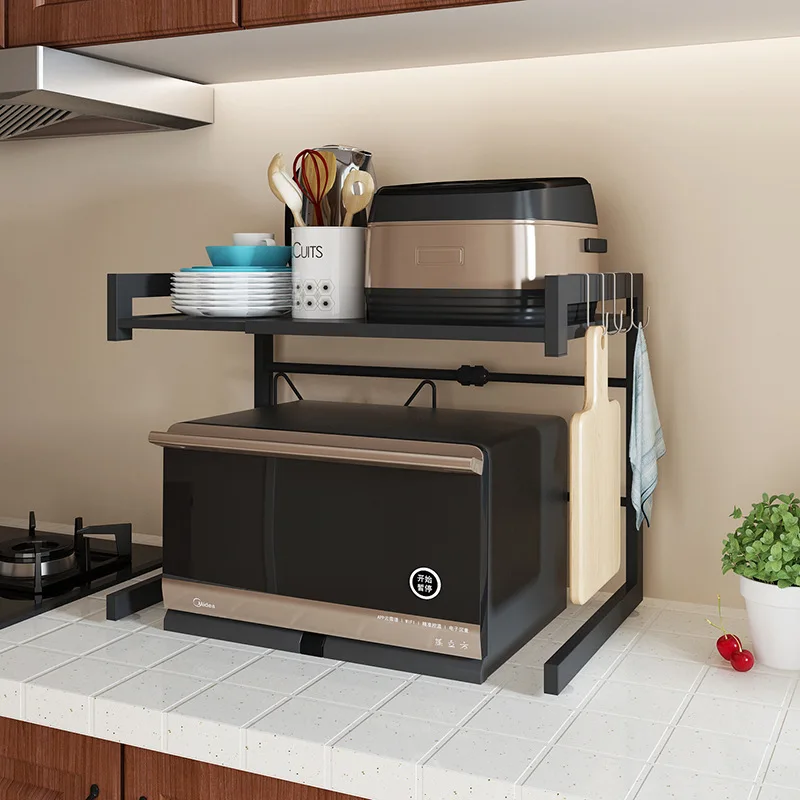 

Kitchen Extendable Rack of Microwave Oven Black And White with Pattern Double Layer Retractable Oven Rack Microwave Oven Rack
