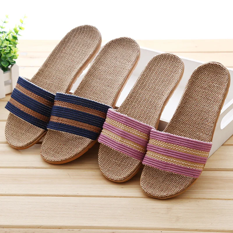 Home Wear-Resistant Leakage Toe Breathable Sweat Absorbing Deodorant Household Couples Women's Men's Linen Slippers Summer Line