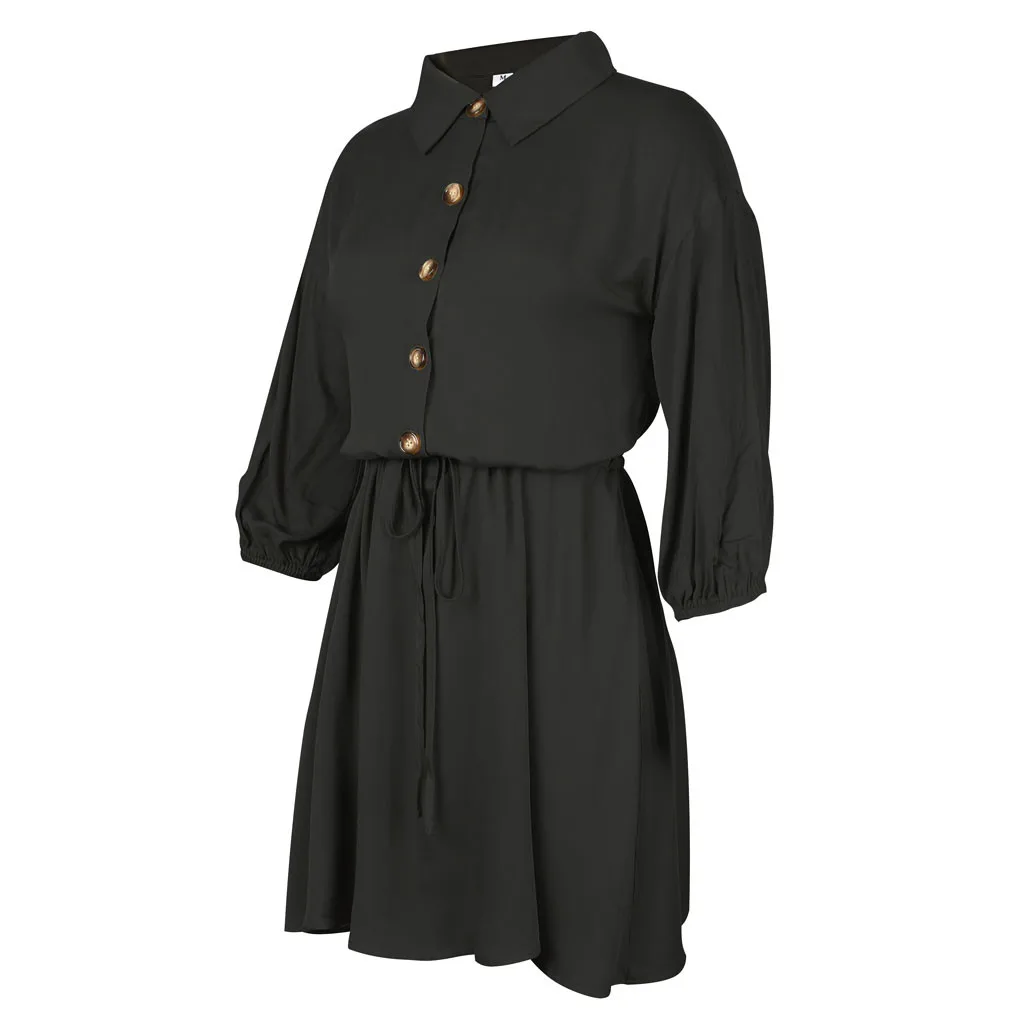 Feitong/женское платье, Vestidos, модное, одноцветное, 3/4, длина рукава, v-образный вырез, пуговицы, frenuum, свободное, мини, свободное платье, ropa mujer