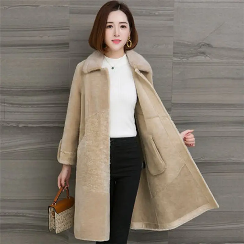 

2019 New Winter Women Real Mink Fur Collar Slim Long Coats Female Casual Natural Sheep Shearing Fur Thick Warm Jacket Abrigo J84
