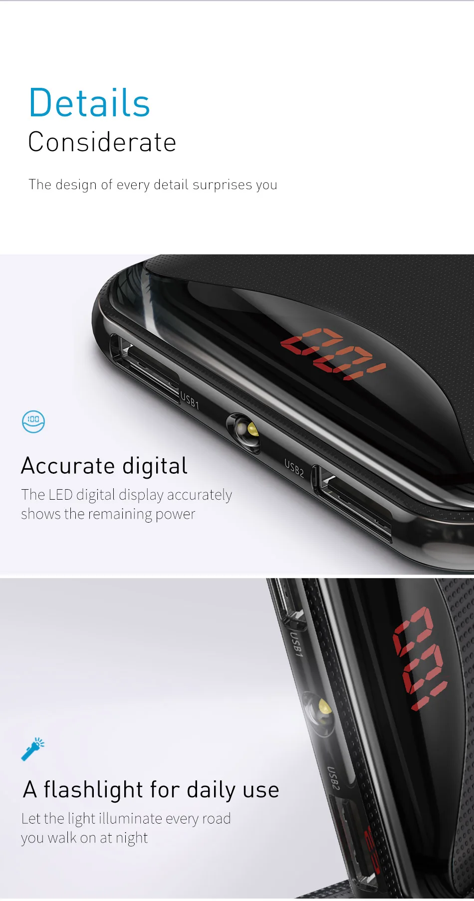 Baseus 10000mAh зарядное устройство для телефона для iPhone X samsung huawei Xiaomi фонарик цифровой дисплей power Bank два выхода Usb