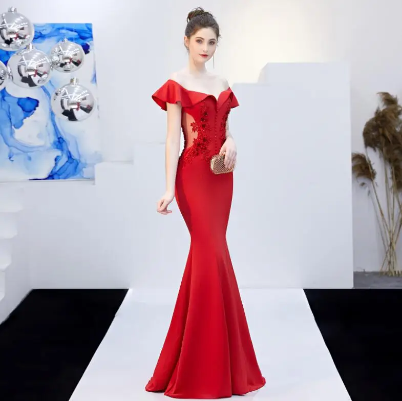 AE488 красное вино Новинка просвечивающие аппликации бисером длинное вечернее платье с открытыми плечами элегантное вечернее платье - Цвет: Красный