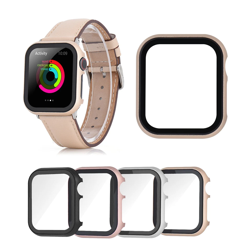 Relógio de Metal Capa com Filme Temperado para Apple Novo Case 3 2 1 44mm 40mm 42mm 38mm Tela Acessórios Protetores Ver 5 4