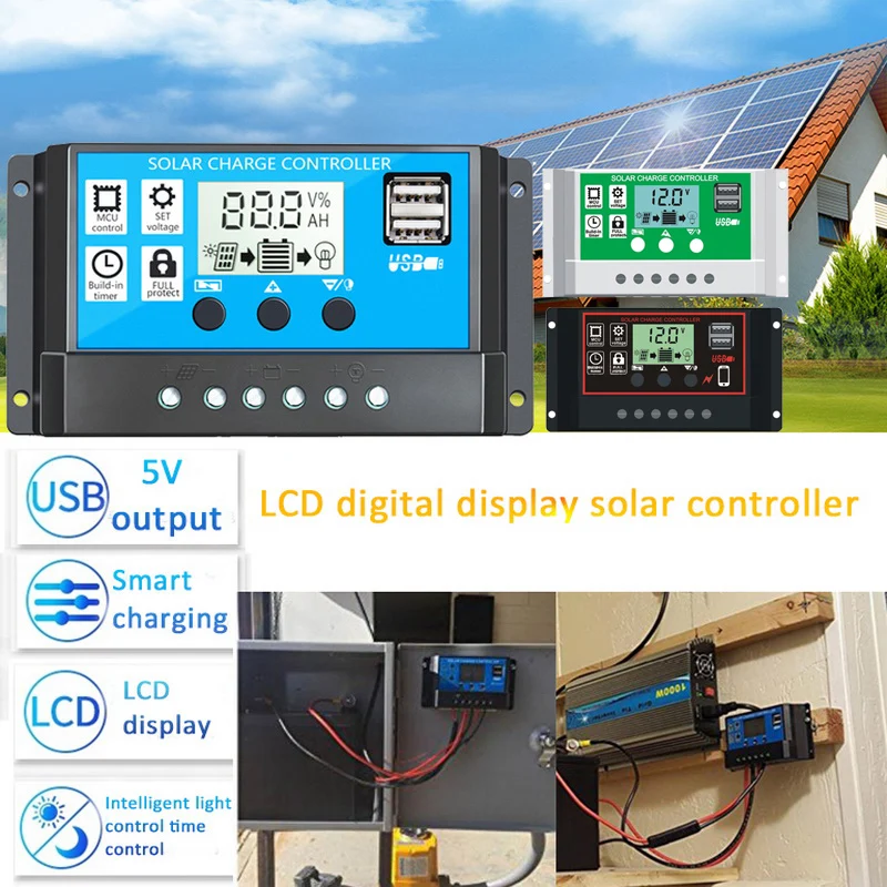 60A/50A/40A/30A/20A/10A 12 В 24 в автоматический контроллер солнечного заряда ШИМ контроллеры lcd Dual USB 5 В выход Регулятор солнечной панели