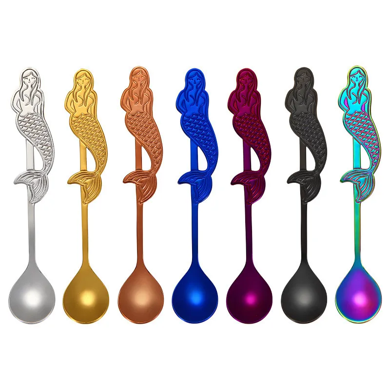 

Cute Mermaid Spoon Teaspoon Long Handle Coffee Spoons Sugar Dessert Flatware Hanging Cup Spoons Drinking Tools Kitchen Gadget