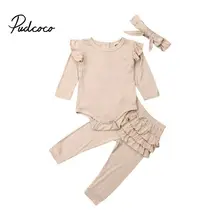 Комплекты зимней одежды для маленьких мальчиков и девочек, 3 месяца, От 1 до 2 лет однотонные топы с длинными рукавами и оборками, длинные штаны, спортивный костюм из 3 предметов