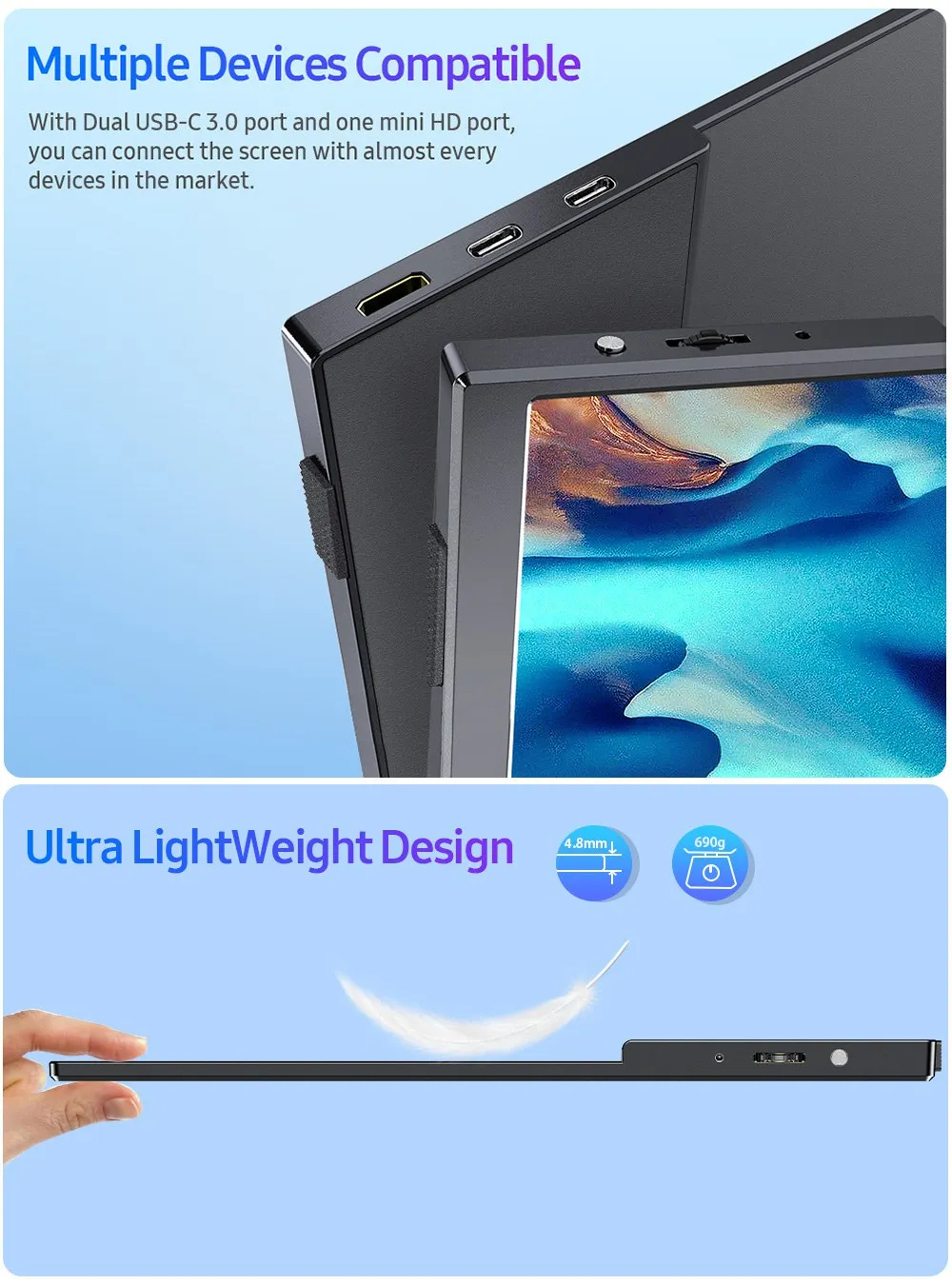 ˰ ޴  EVICIV 15.6 ġ ġ ũ 1080P  ° ÷, 60HZ Ʈ ܺ ȭ 0.7kg 1.5lbs  