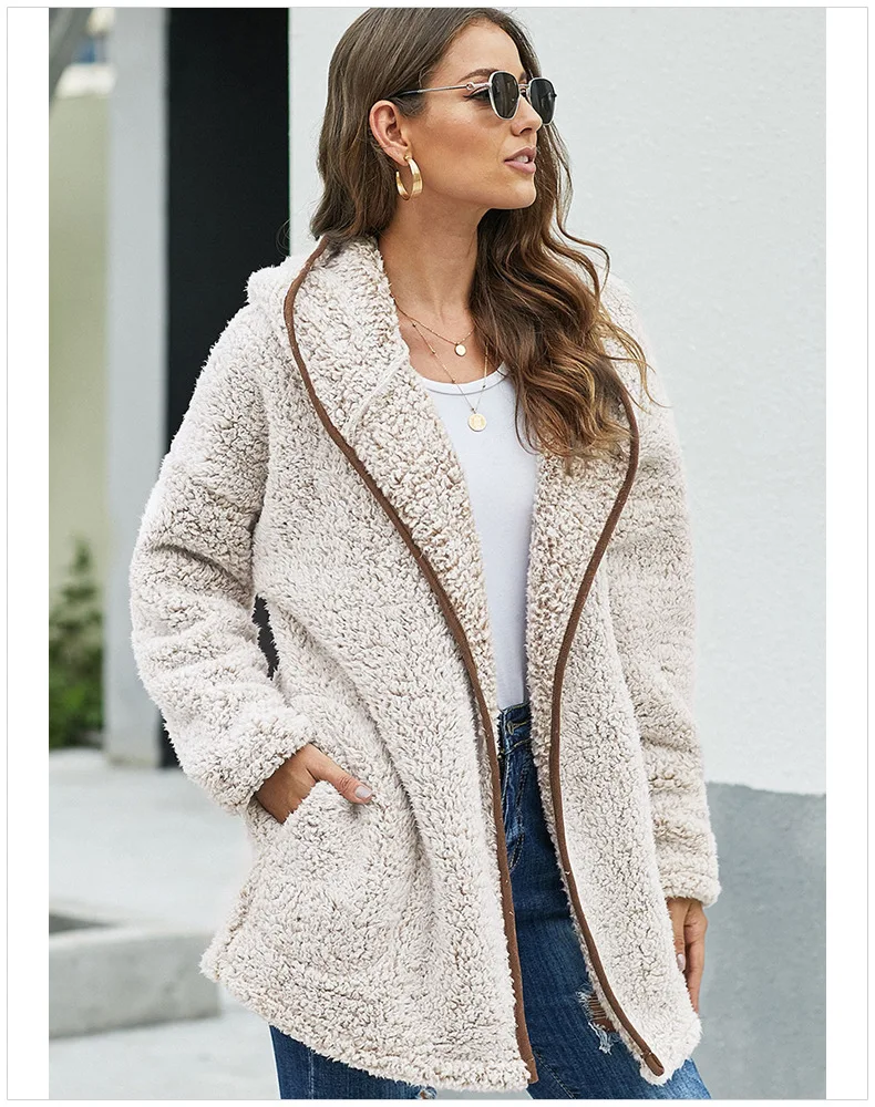 Beige Женское меховое пальто, Осень-зима, с меховой отделкой, с капюшоном, модное, открытая стежка, тонкий, толстый, теплый мех, плюшевый жакет размера плюс, плюшевый мишка, пальто - Цвет: Beige