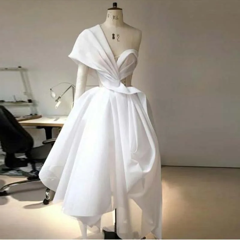 Новые белые вечерние платья с одним плечом реальное изображение Ruched нерегулярные из сатина длиной до середины икры Выпускные платья Robe De Soiree изготовление на заказ