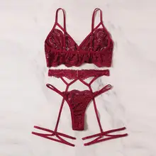 Женское нижнее белье, сексуальный кружевной бюстгальтер, полые стринги, ночное белье с подвязками, черный комплект нижнего белья, S-XL, ensemble sous vetement femme 3