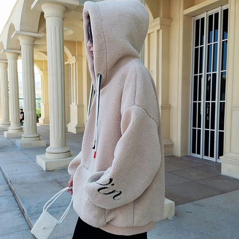 Faux Lambs Wool Hoodies Sweatshirts Women Hooded Long Sleeve Pocket Letter Autumn Winter Pullovers Warm Oversized Outwear W245