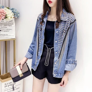 

Fashion autumn and winter new tassel heavy industry diamond studded long sleeve loose loose denim jacket