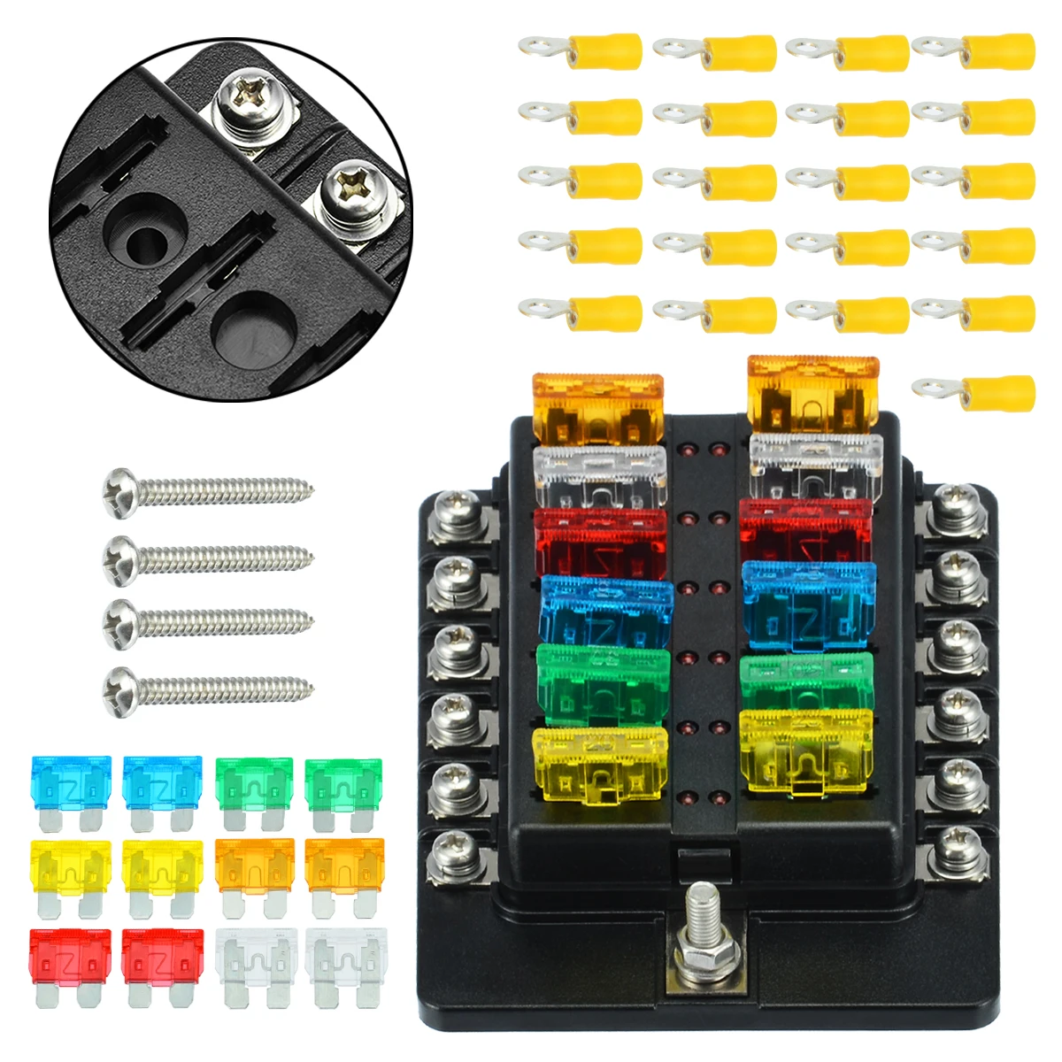 

12 Way Car Boat Bus UTV Blade Fuse Box ATO ATC Block Holder Cover 12V + 5A 10A 15A 20A 25A 30A Fuse + Terminals + Screws Kit