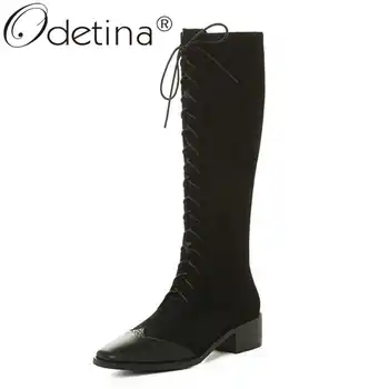 

Odetina Women New Zip Up Cow Leather Winrer Motorcycle boots Female Square Toe Block Mid Heel Faux Suede Wingtip Knee High Boots