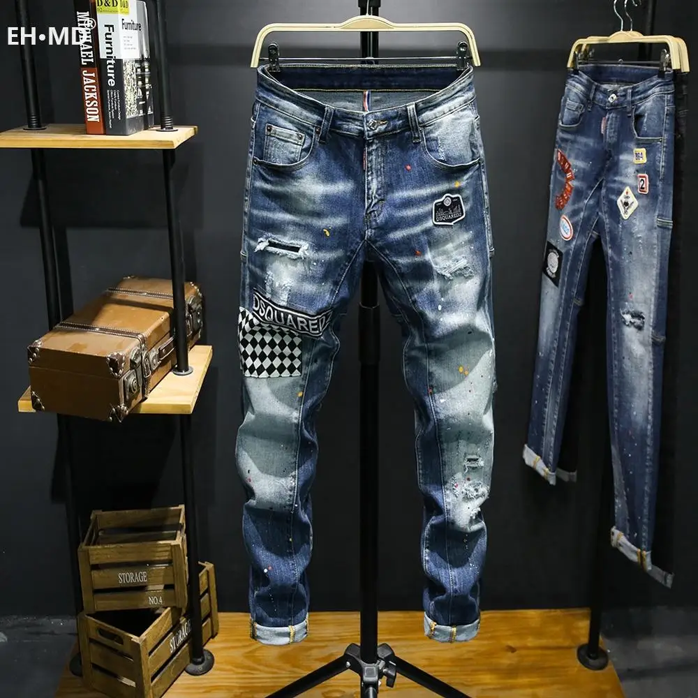 

EH · MD® Badge Patch Jeans Men's Hole Youth Soft Casual Loose Cotton Chess Printing Letter Lining Embroidered Trousers Red Ears
