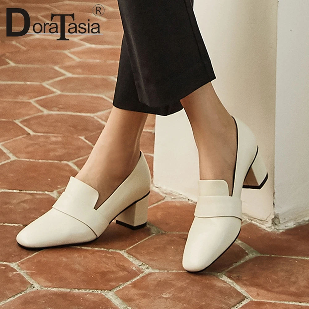 

DORATASIA Quality Office High Block Heels Pumps Brand Square Toe Pumps Women Elegant Solid Whole Genuine Leather Shoes Woman
