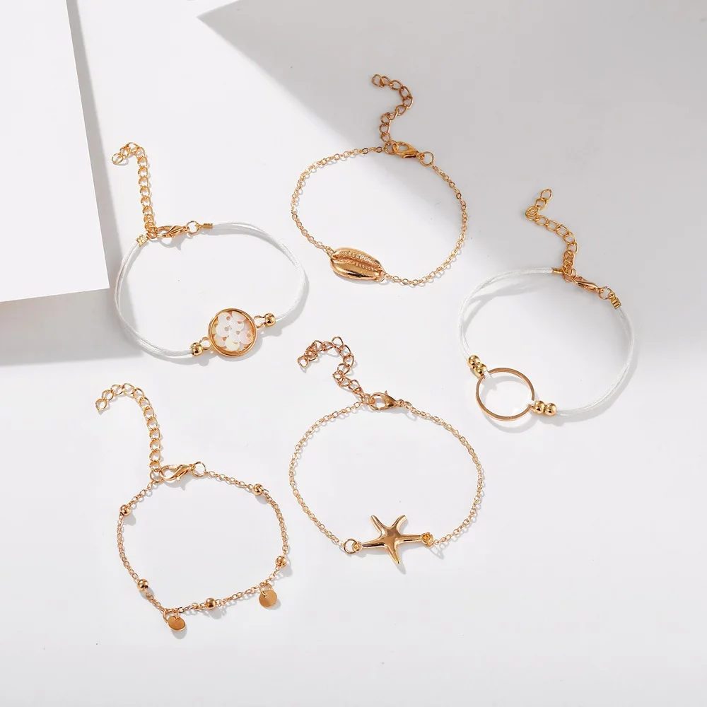 Double Fair Retro Bracelet For Women 5 pcs/set Starfish Shells Anklet Bracelets Gold-Color Fashion Jewelry KAH145 Amazing Price