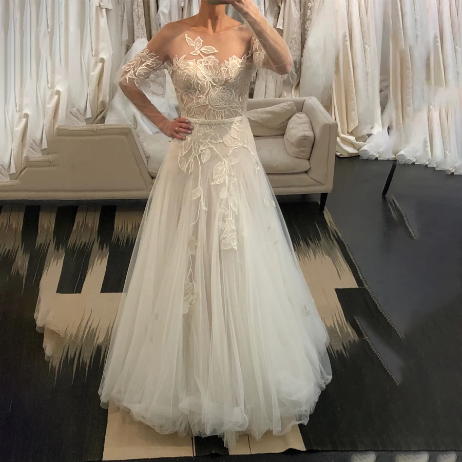 Кружевное платье-трапеция с полурукавами и аппликацией в виде листьев, свадебное платье цвета шампанского с открытой спиной, свадебные платья, платья для невесты