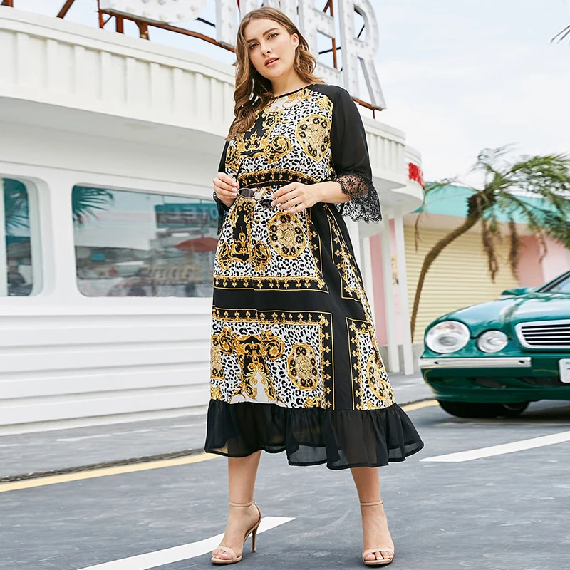 Siskakia/платье миди с этническим принтом элегантное платье черного размера плюс