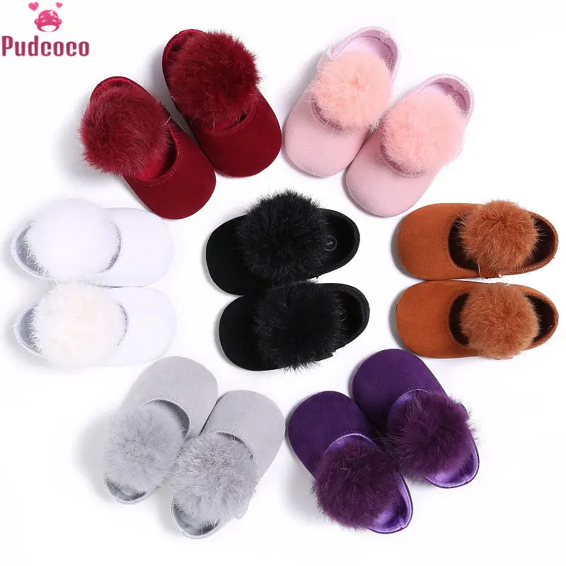 Pudcoco 5 Colors Cute Baby Solid Fur Ball Girls Shoes Newborn Toddler Infant Little Girl Soft Sole Prewalker Crib Shoes 0-18 M