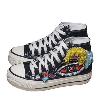 

Luxury Beaded Canvas Shoes Woman High Tops Platform Sneakers Women Pearls Rhinestone Sneaker Casual Thick Soled Vulcanized Shoes