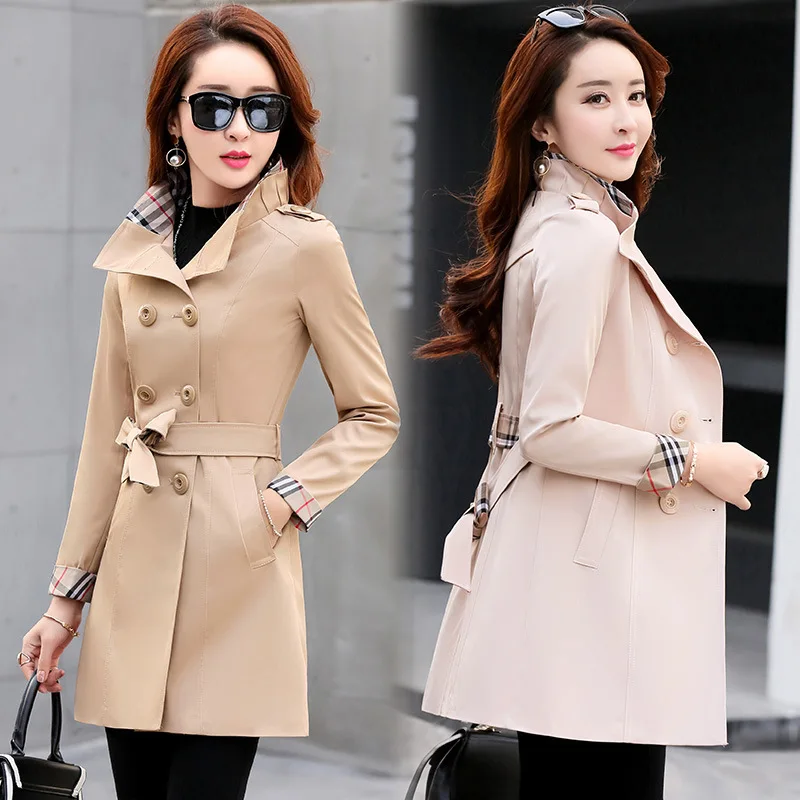 

Solid Color Elegant Fashion Double Breasted Coat Women's 2018 Spring New Style Simple Korean-style Mid-length Slim Fit Trench Co