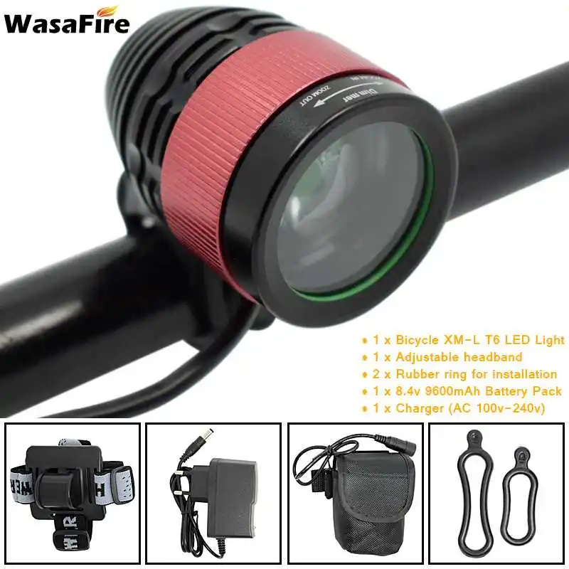 with 9600 headband WasaFire 2000LM XM-L T6 LED Bike Front Light Zoomable Bicycle Headlight Rechargeable 18650 Battery Head Lamp Cycling Flashlight - Цвет: with 9600 headband