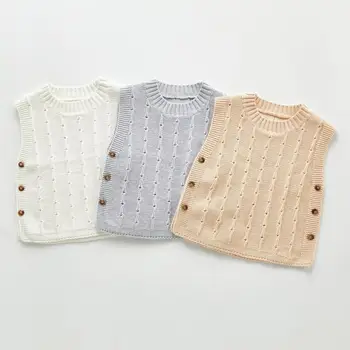 

Autumn 2020 New Baby Boys Girls All-match Cotton Knitted Sleeveless Vest Sweater Cute Solid Double Breasted Knit Coat