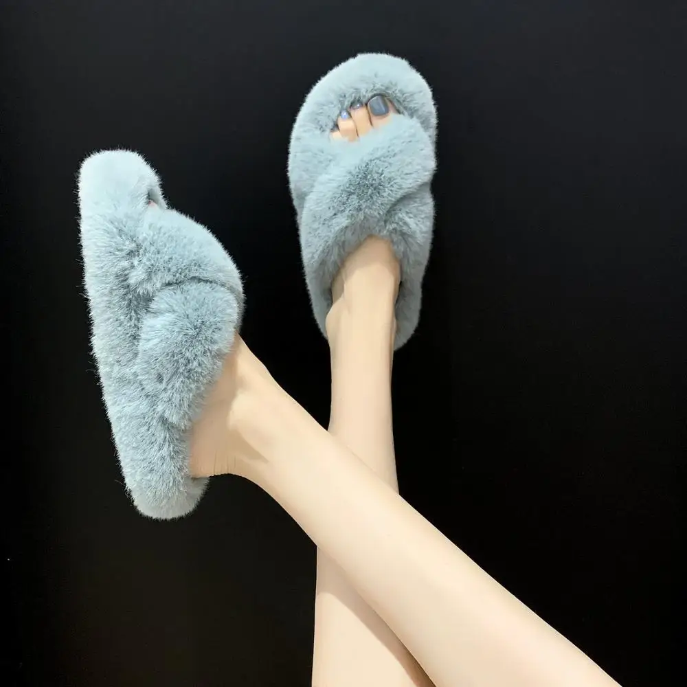 Зимние женские домашние меховые модные туфли на плоской подошве из