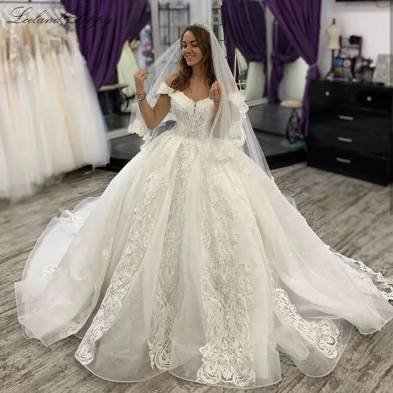 Женские бальные Свадебные платья Vestido de Noiva с открытыми плечами без рукавов с кружевным орнаментом свадебное платье соборный поезд
