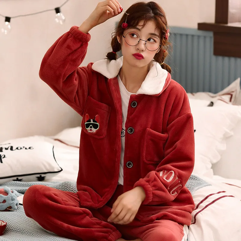 Комплект зимних пижам, женская пижама, теплая Фланелевая пижама с длинными рукавами, красная Милая Домашняя одежда, толстая Домашняя одежда, мягкая Ночная одежда