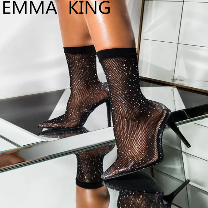

Crystal Stretch Fabric Sock Boots Pointy Toe Over-the-Knee Heel Woman Boot Shining Crystal High Heel Boots Wedding Club Shoes